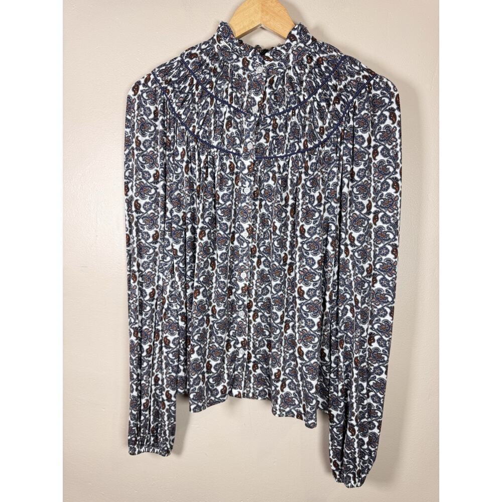Womens Boden Peasant Top Size 4 Ruched Yoke Jersey Shirt Boho Floral Paisley